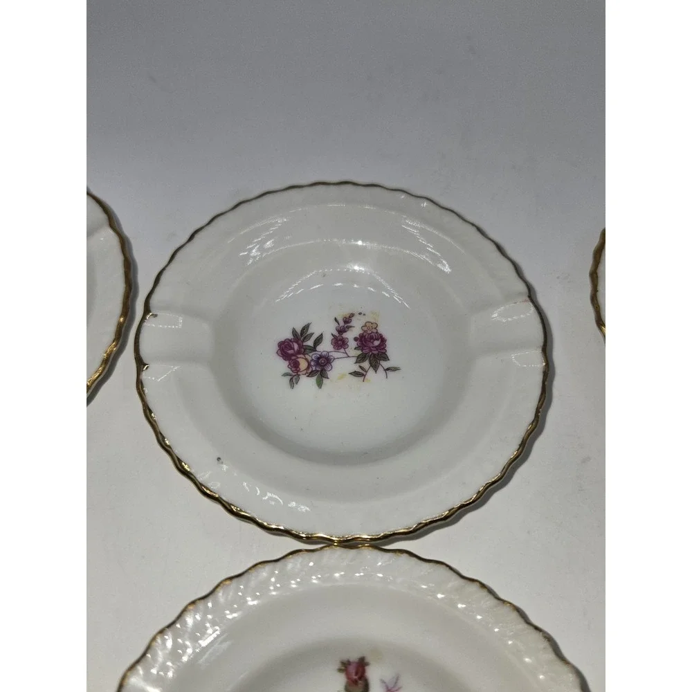 Vintage Set of 7 Porcelain Floral Ashtrays Gold Trim Japan